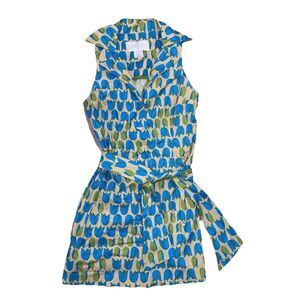 Lesley Evers Tilda Green Tulips Floral Sleeveless Belted Dress Medium Retro Vtg